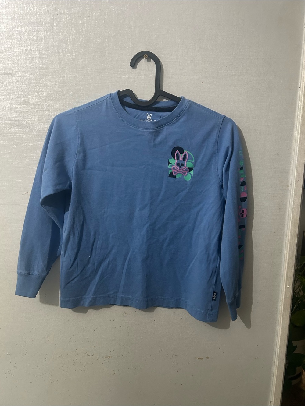 Psycho Bunny Blue Long-Sleeve Tee with Purple & Green Bunny Graphic